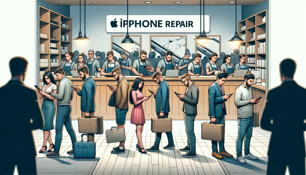 「昼休み時に顧客で賑わい、損傷したiPhoneを持つ顧客が待ち行列を作り、従業員が修理作業を行うiPhone修理店の混雑した雰囲気を描いた画像」 ​​